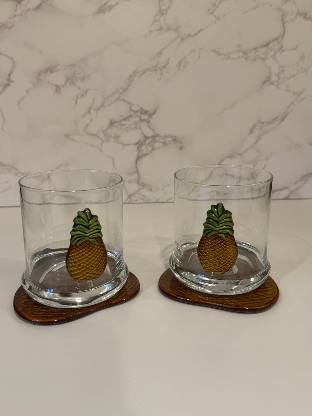 Vintage pineapple rocks glasses w matching coasters tropical barware MCM tiki